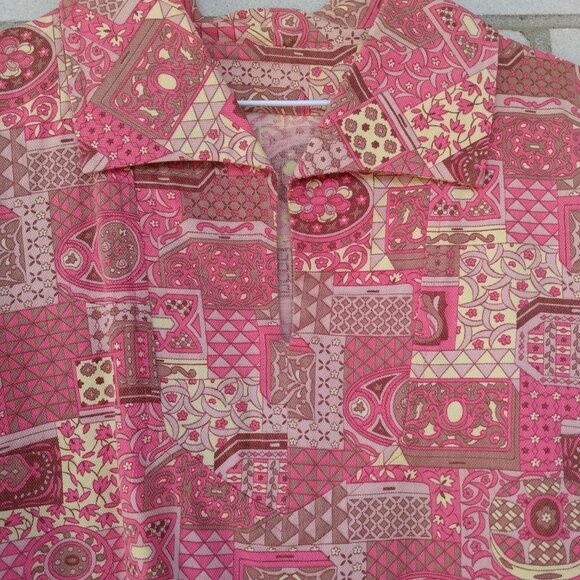 Vintage 60s 70s Tunic Top 42" Bust Wide Collar Pink Yellow Patchwork Handmade - Picture 7 of 12